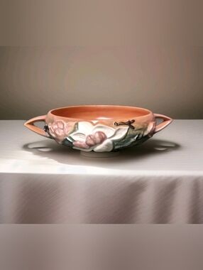 Roseville USA Pottery Magnolia Planter Bowl #447 Double Handles Orange/Brown